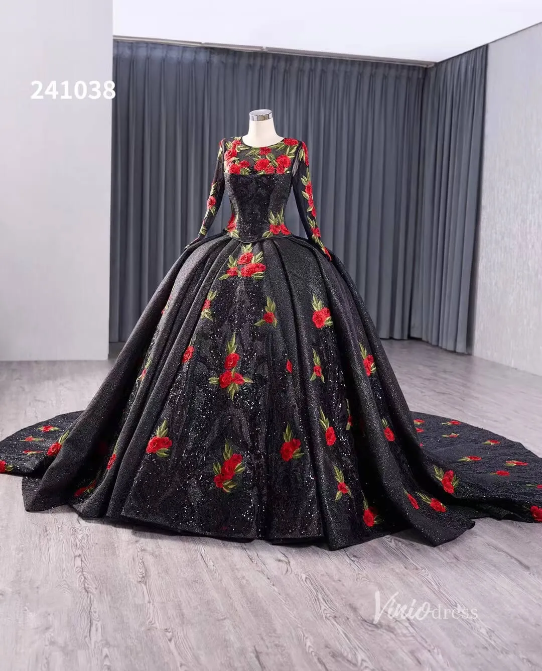 Black Floral Lace Rosette Wedding Dresses Sparkly Long Sleeve Quinceanera Dress 241038