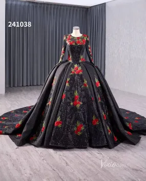 Black Floral Lace Rosette Wedding Dresses Sparkly Long Sleeve Quinceanera Dress 241038