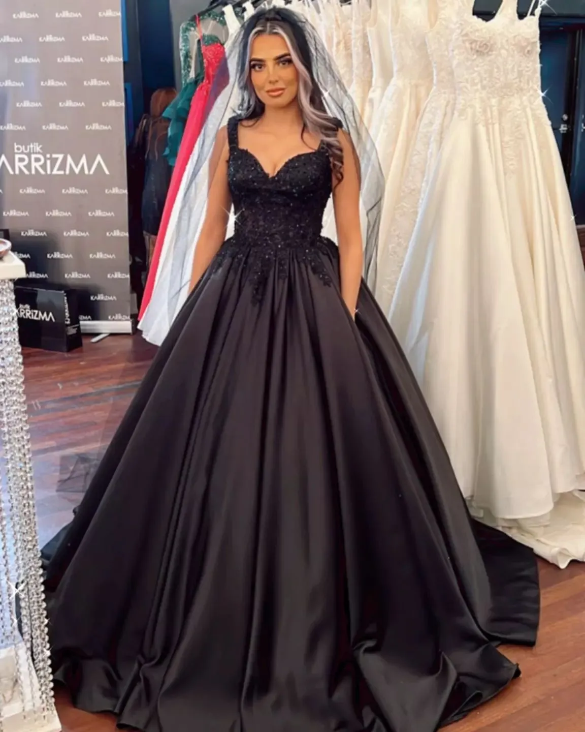 Black Long Ball Gown Sweetheart Satin Ruffles Wedding Dress