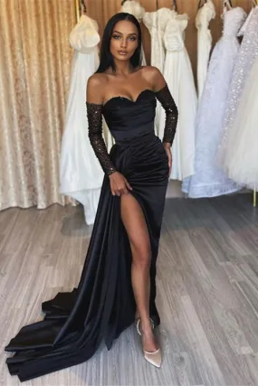 Black Long Off the Shoulder Sweetheart Satin Front Slit Prom Dress with Sleeves