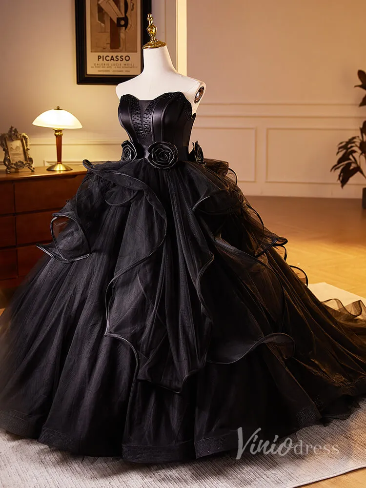 Black Ruffled 3D Flower Rosette Prom Dresses Strapless Tulle Quinceanera Dress 90028