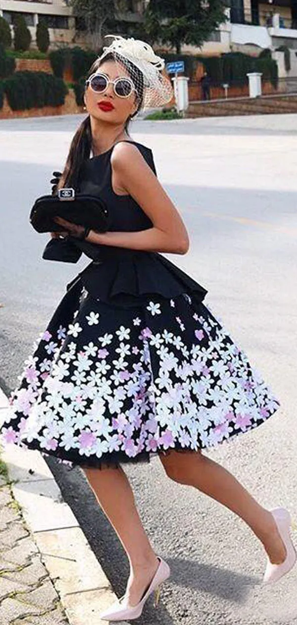 Black Satin Pink Floral Appliques Homecoming Dresses,BD0189