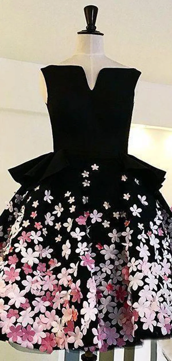 Black Satin Pink Floral Appliques Homecoming Dresses,BD0189