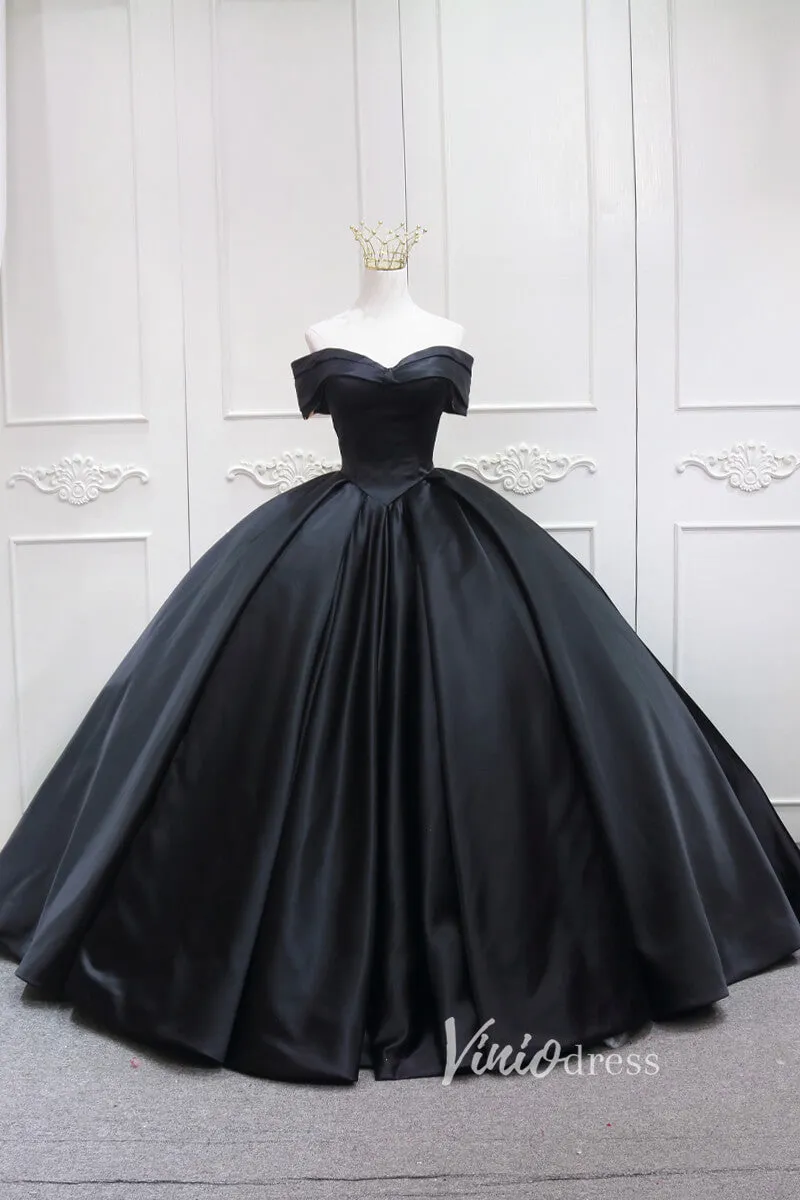 Black Satin Quinceanera Dresses Off the Shoulder Prom Ball Gown FD3457