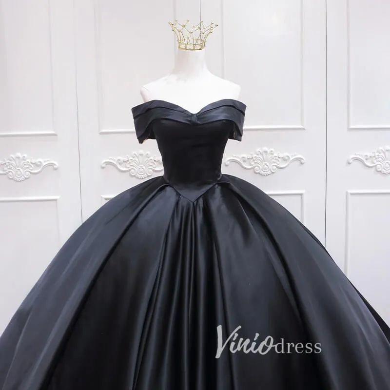 Black Satin Quinceanera Dresses Off the Shoulder Prom Ball Gown FD3457