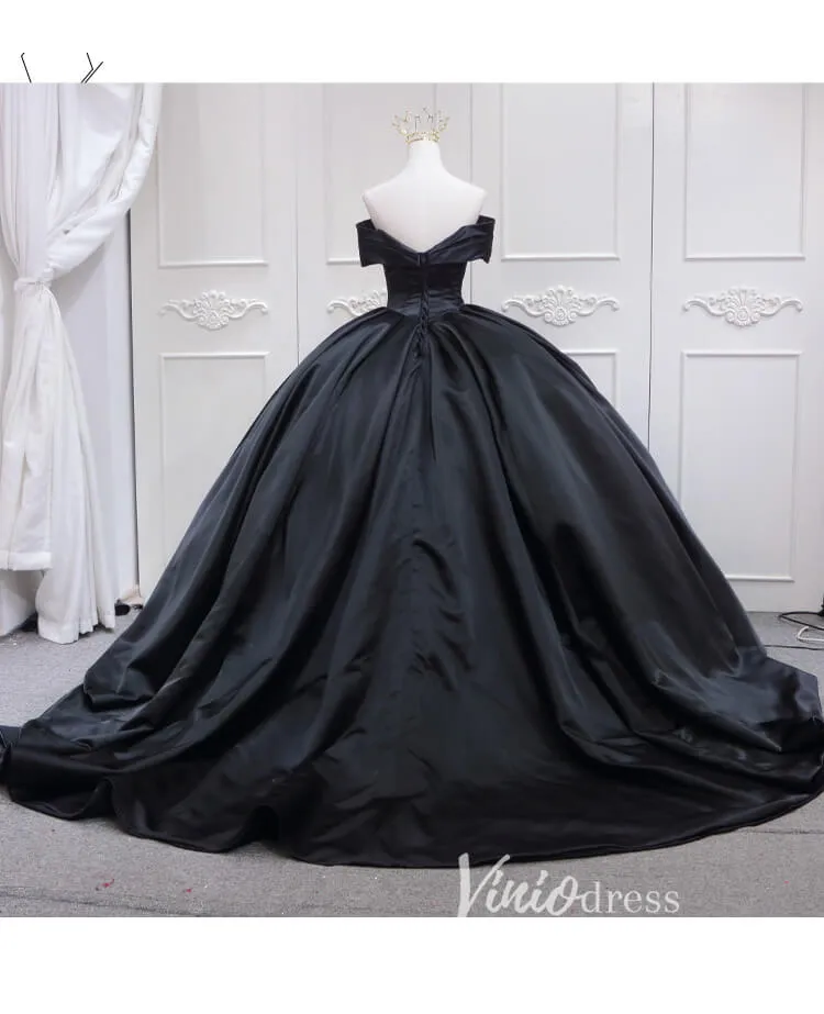 Black Satin Quinceanera Dresses Off the Shoulder Prom Ball Gown FD3457