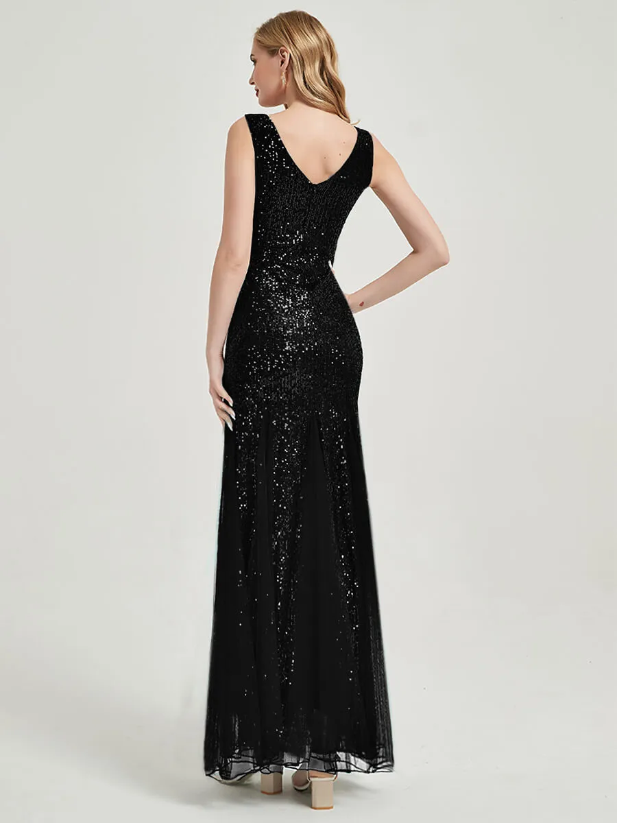 Black Sequin Tulle V-Neck Sleeveless Maxi Mermaid Evening Dress