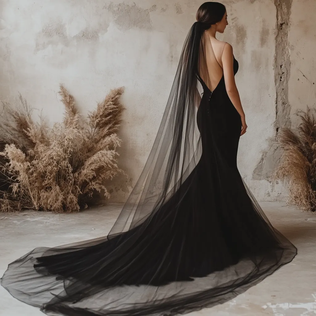 Black Soft Tulle Chapel Length Wedding Veil VG1030