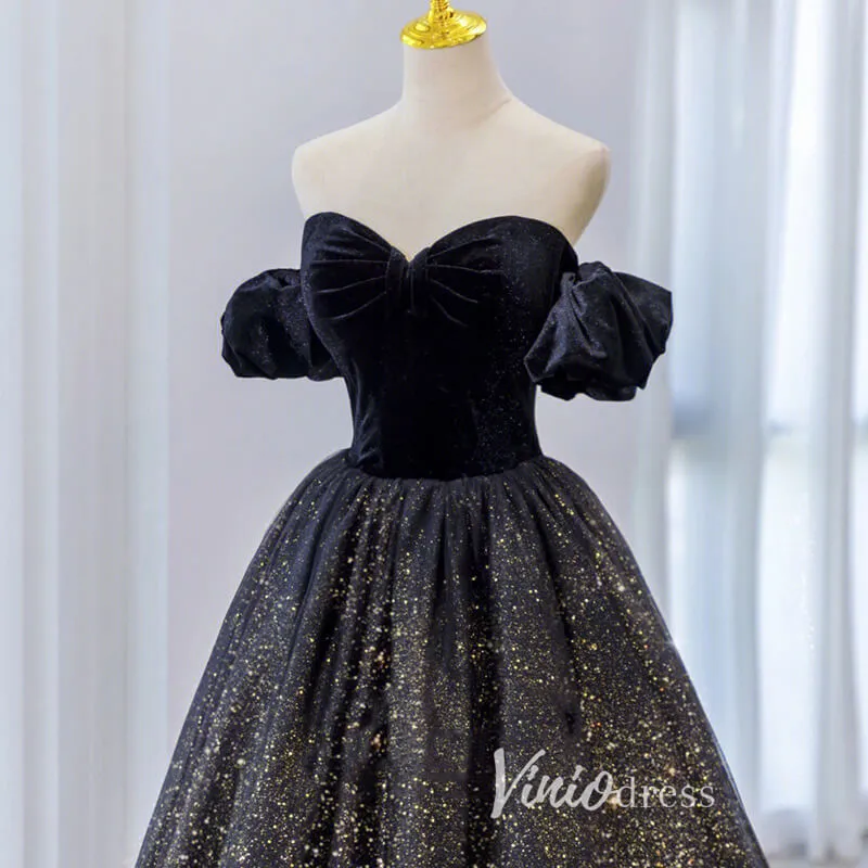 Black Sparkly Tulle Prom Dresses Off the Shoulder Formal Gown FD3241