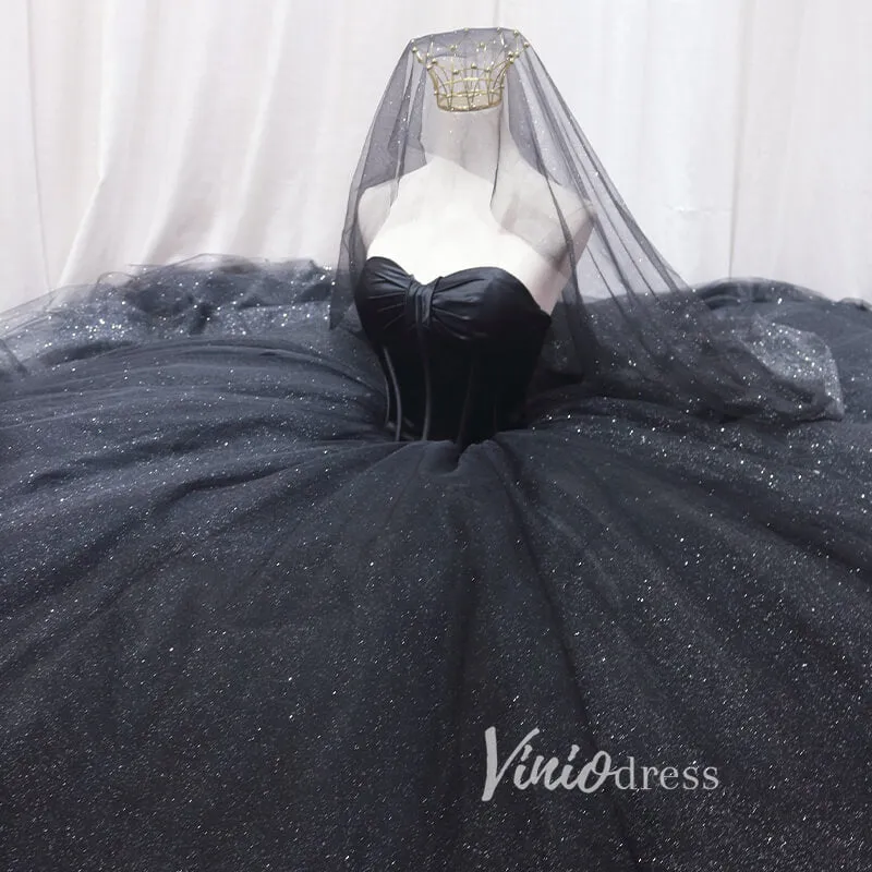 Black Sparkly Tulle Quinceanera Dresses Strapless Prom Ball Gown FD3405