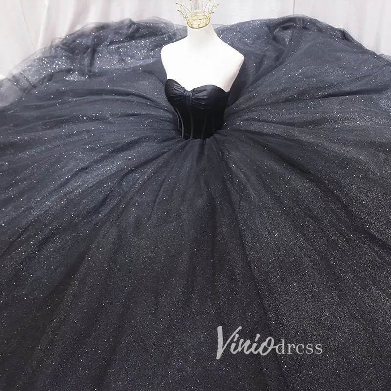 Black Sparkly Tulle Quinceanera Dresses Strapless Prom Ball Gown FD3405