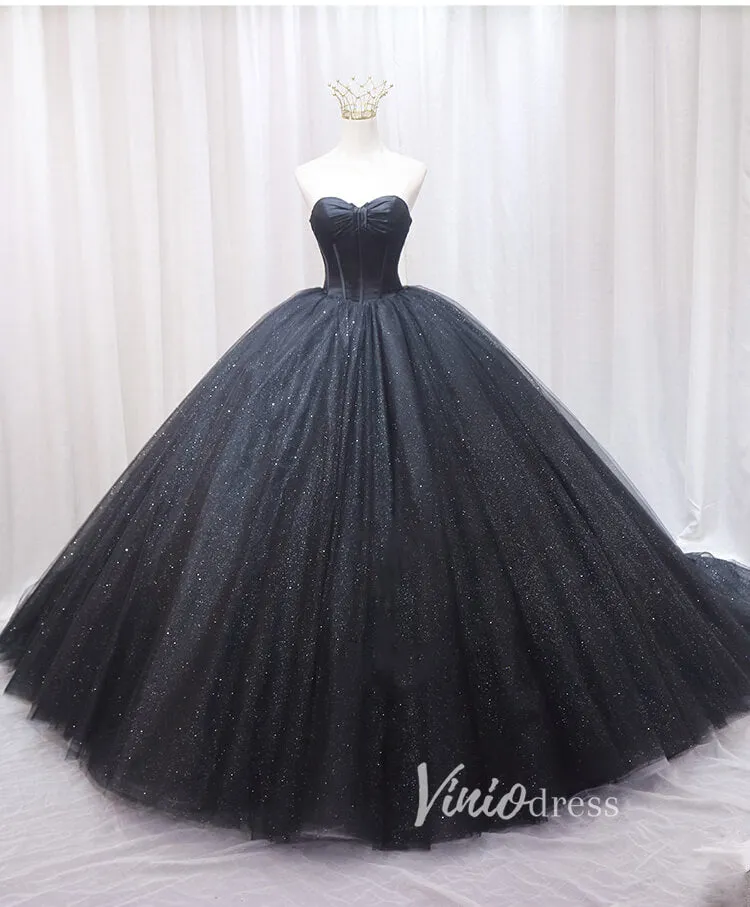 Black Sparkly Tulle Quinceanera Dresses Strapless Prom Ball Gown FD3405