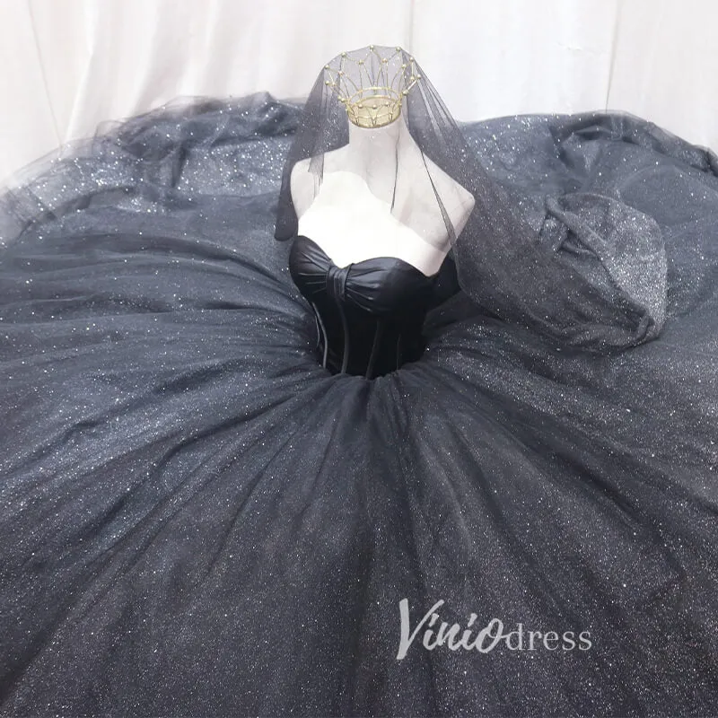 Black Sparkly Tulle Quinceanera Dresses Strapless Prom Ball Gown FD3405