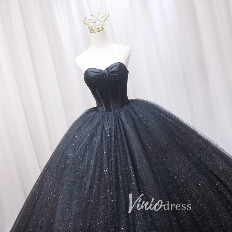 Black Sparkly Tulle Quinceanera Dresses Strapless Prom Ball Gown FD3405