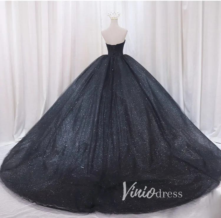 Black Sparkly Tulle Quinceanera Dresses Strapless Prom Ball Gown FD3405