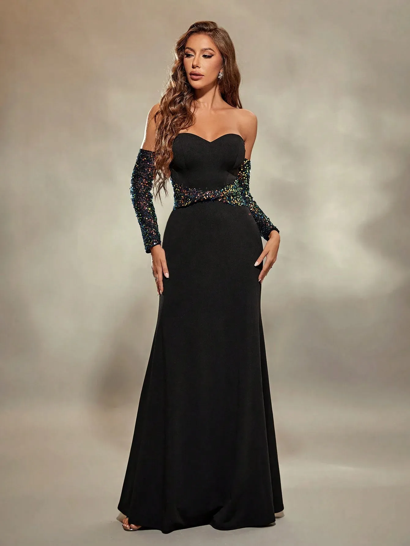 Black Sweetheart Neckline Glitter Maxi Party Dress