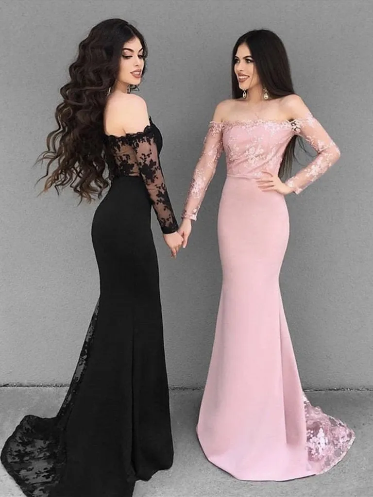 Black/Pink Mermaid Long Sleeves Lace Prom Dresses, Lace Mermaid Bridesmaid Dresses, Formal Evening Dresses