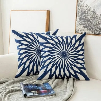 Blue and White Embroidered Canvas Pillow Covers - 4 Styles - 1 Size