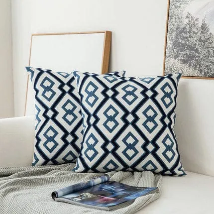 Blue and White Embroidered Canvas Pillow Covers - 4 Styles - 1 Size