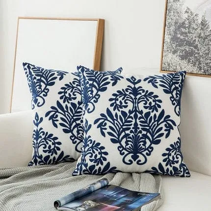 Blue and White Embroidered Canvas Pillow Covers - 4 Styles - 1 Size