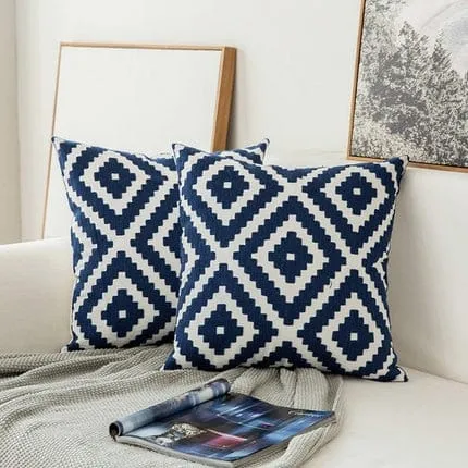 Blue and White Embroidered Canvas Pillow Covers - 4 Styles - 1 Size