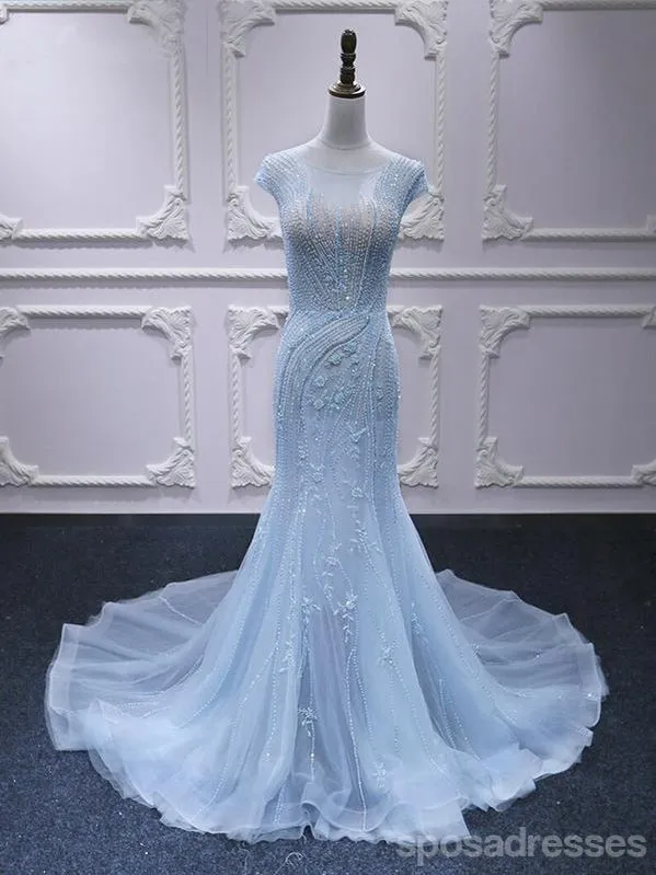 Blue Mermaid Cap Sleeves Beading Long Lace Applique Party Prom Dresses Online,12559