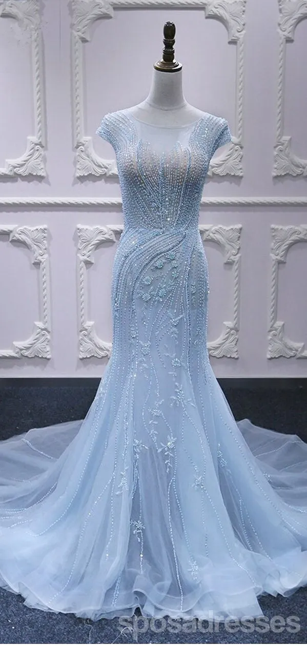 Blue Mermaid Cap Sleeves Beading Long Lace Applique Party Prom Dresses Online,12559