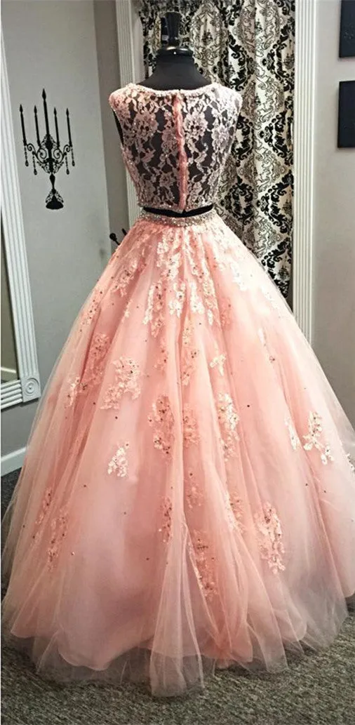 Blush Pink Lace Ball Gowns Quinceanera Dresses Two Piece