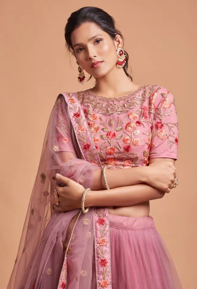 Blush Pink Sequins Work Net Lehenga Set - Rent