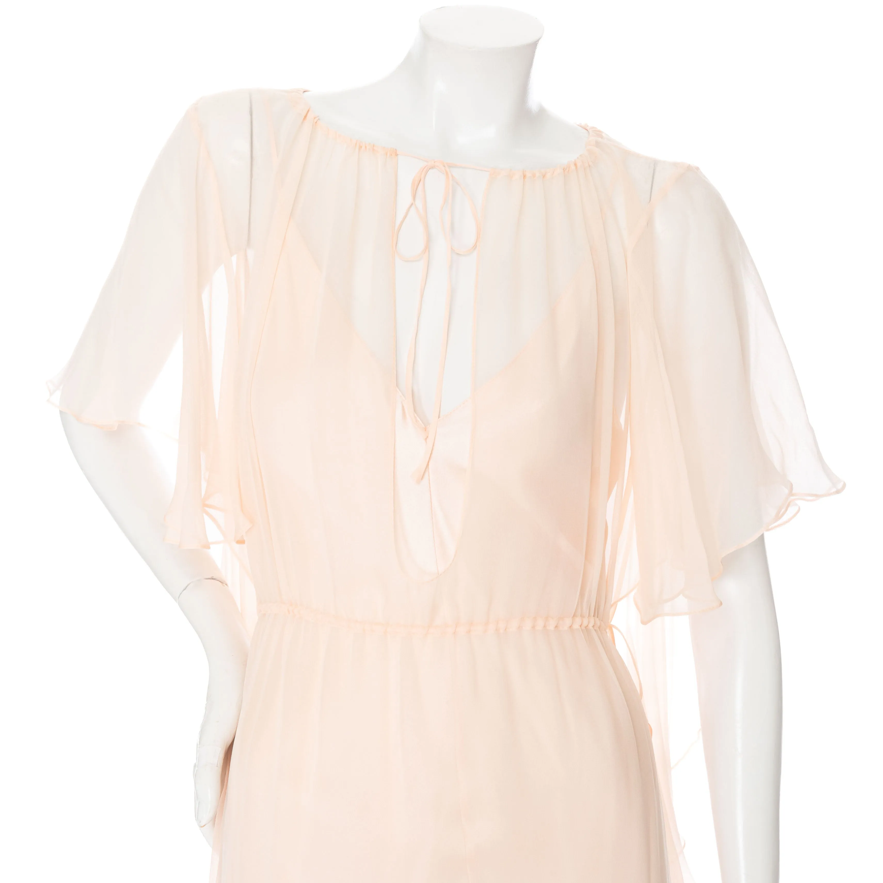 Blush Pink Silk Gathered Flutter Sleeve Keyhole Dress