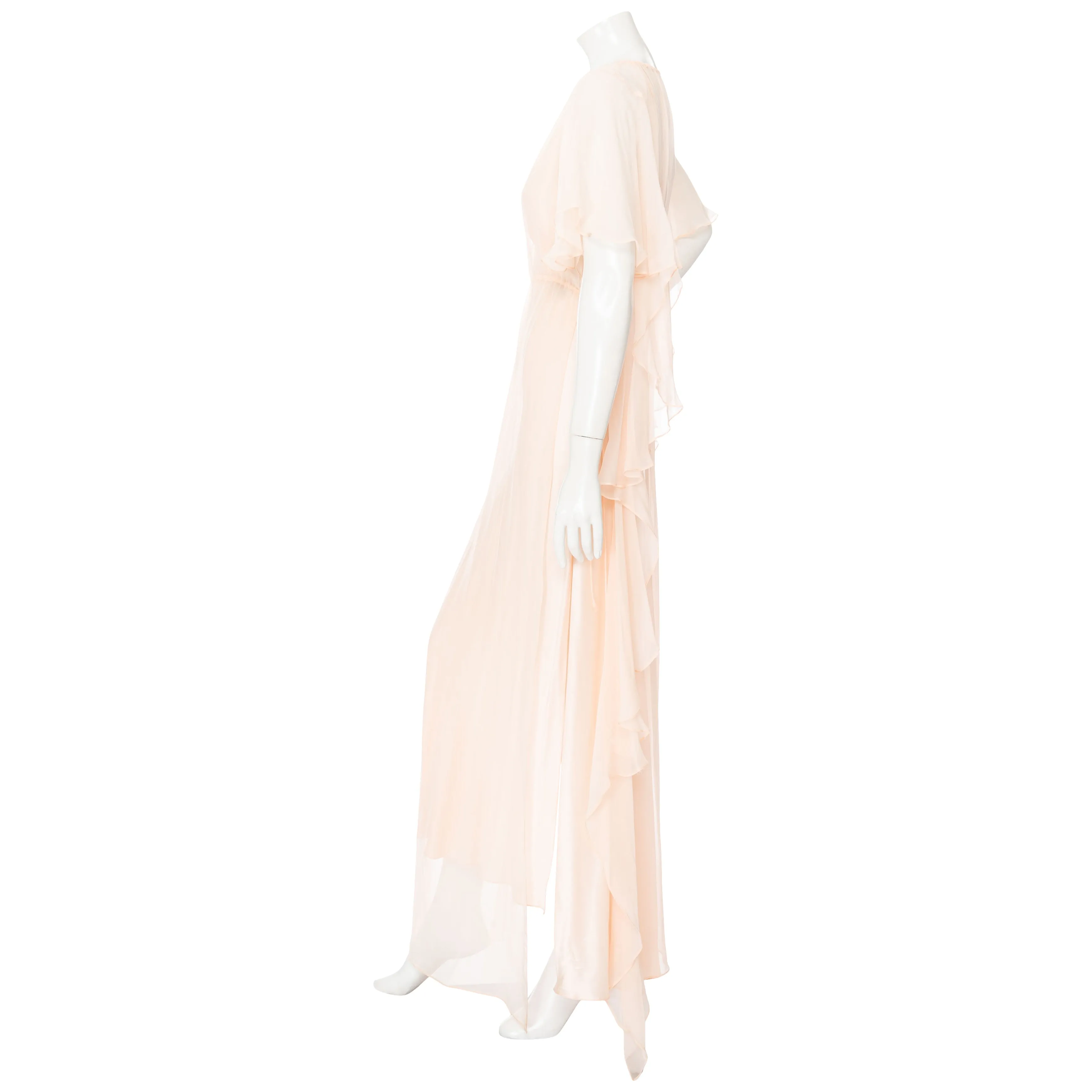 Blush Pink Silk Gathered Flutter Sleeve Keyhole Dress