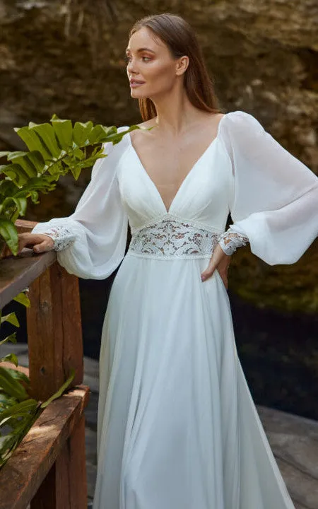 Bohemian A-Line Chiffon Wedding Dress With Poet Long Sleeves And Deep-V Back-716446