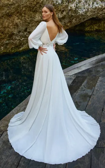 Bohemian A-Line Chiffon Wedding Dress With Poet Long Sleeves And Deep-V Back-716446