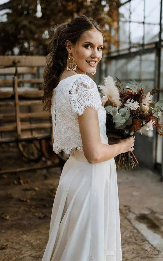 Bohemian Bateau Satin and Lace Two Piece Floor-length Short Sleeve Wedding Dress with Pleats-715931