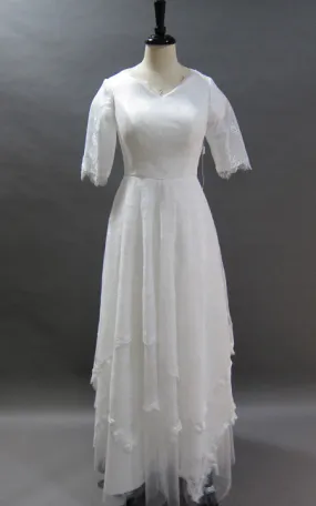 Bohemian Forest Modest V Neck Half Sleeves Lace Chiffon Bridal Gown-Z715393