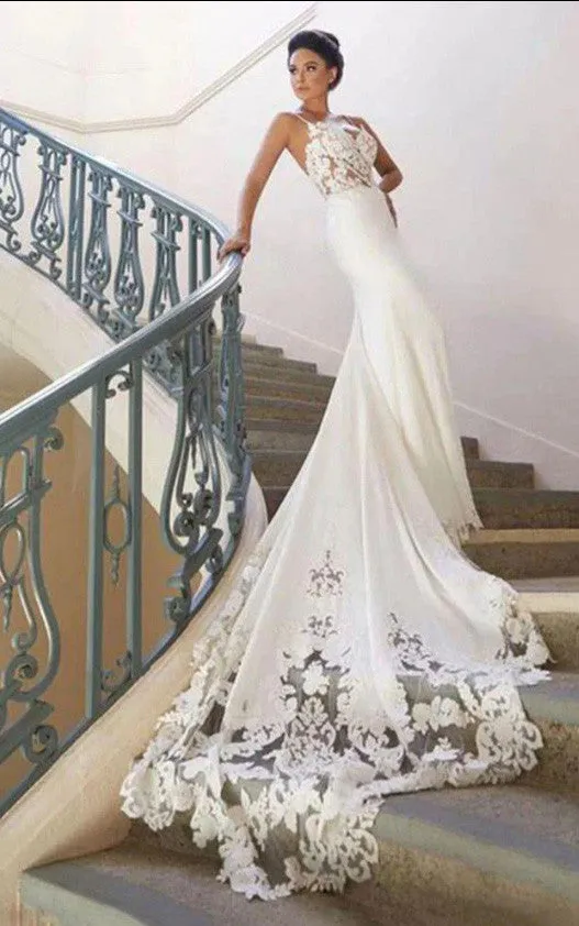 Bohemian Mermaid Lace V-neck Satin Spaghetti Garden Wedding Dress Simple Casual Elegant Romantic With Open Back And Appliques-716796