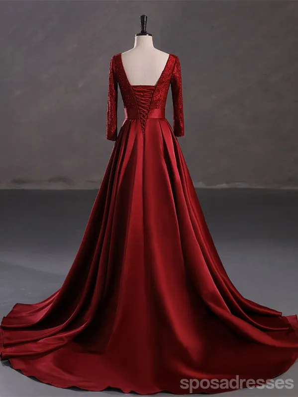 Burgundy A-line High Slit Long Sleeves Cheap Prom Dresses Online,13056