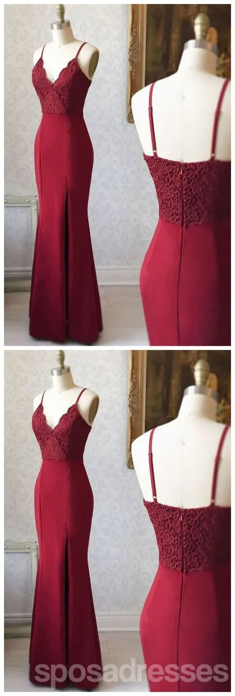 Burgundy Mermaid Spaghetti Straps Cheap Long Prom Dresses,12932