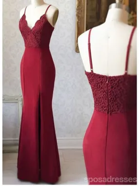 Burgundy Mermaid Spaghetti Straps Cheap Long Prom Dresses,12932