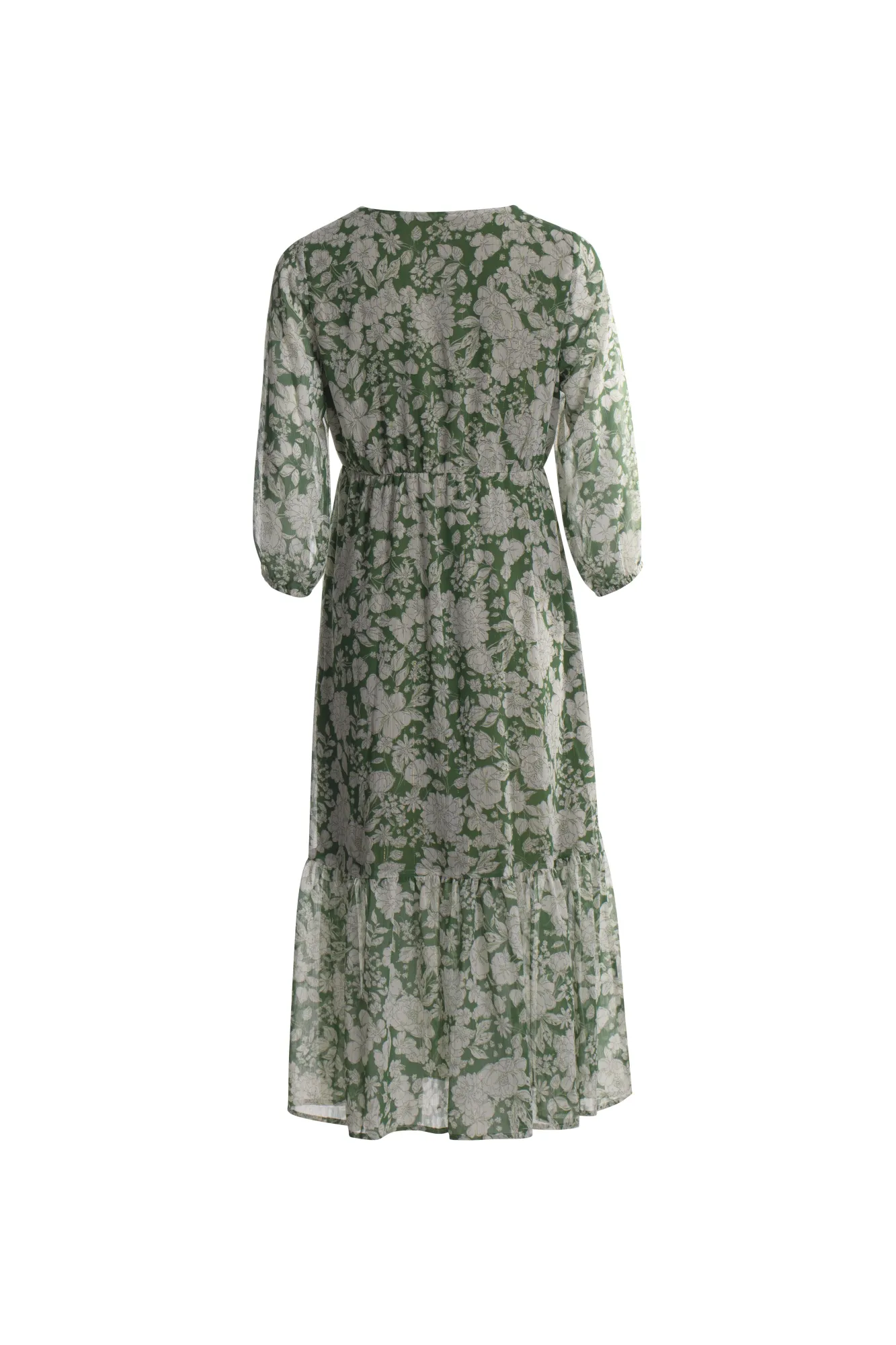 Button front printed Chiffon Dress | Green Wht Lurex Flower | 8556AR