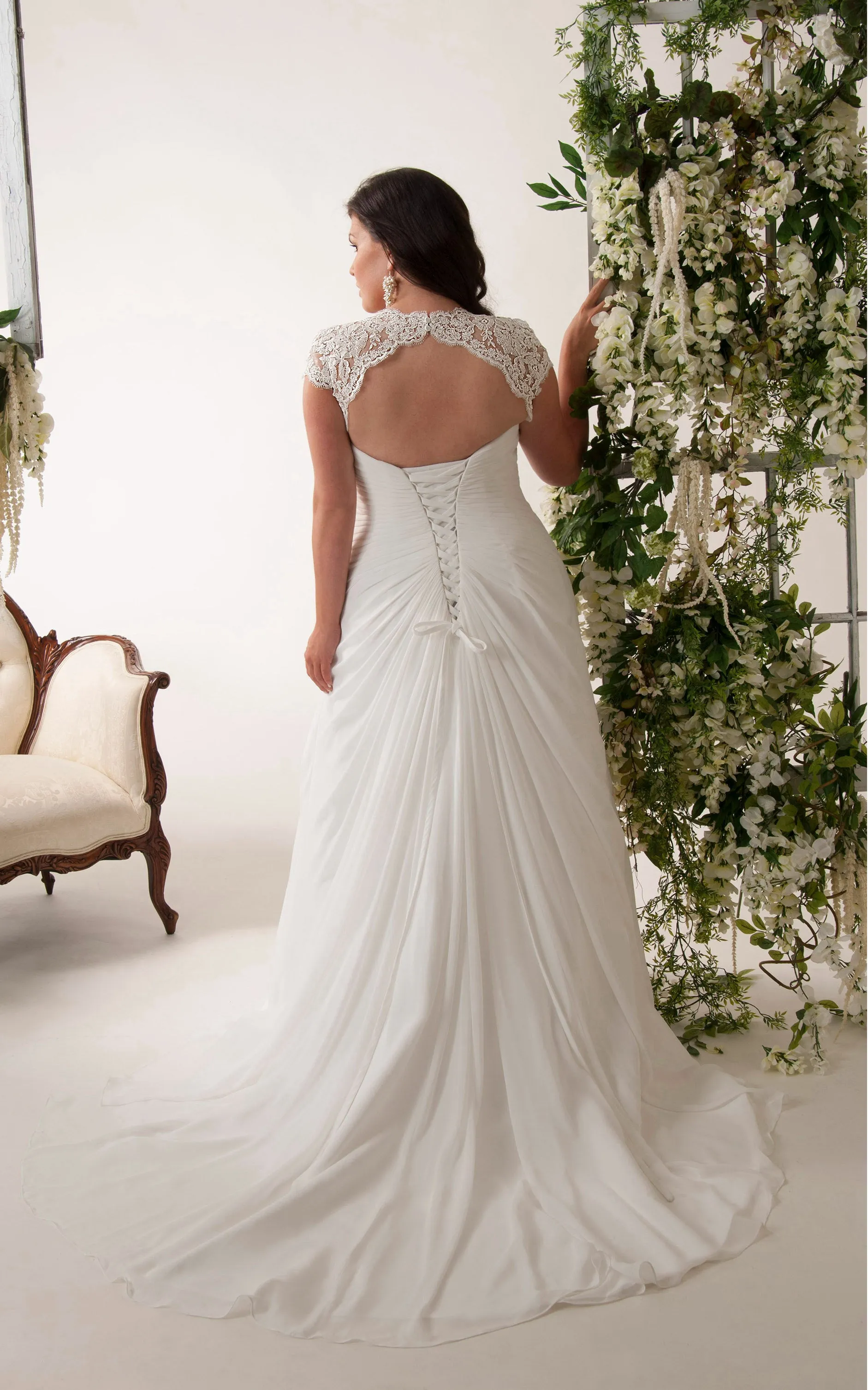 Cap-sleeve Lace Chiffon Floor-length plus size wedding dress With Criss cross-708464