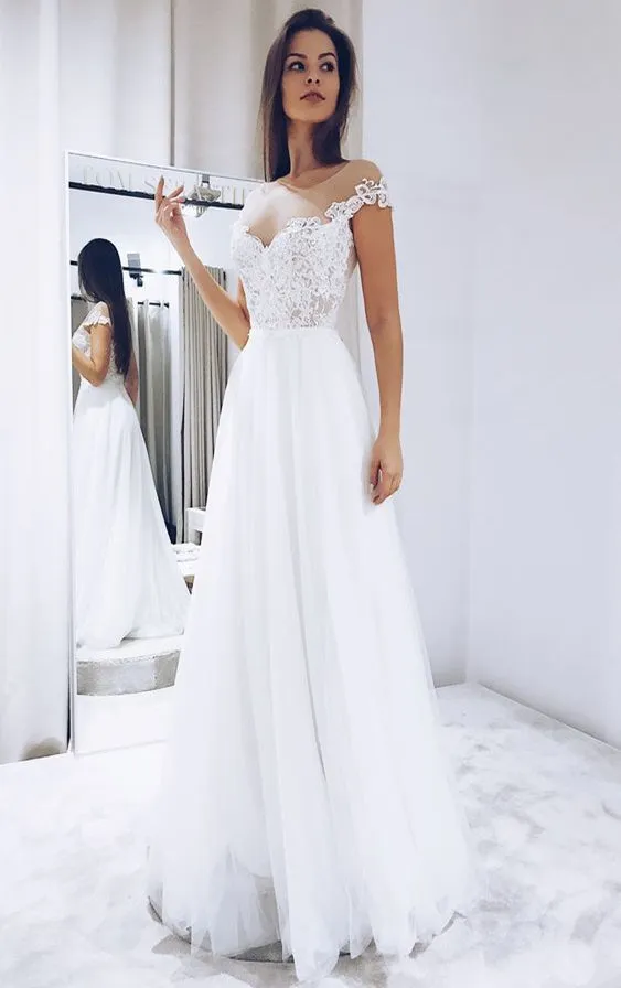 Cap Sleeves Illusion Lace Tulle Wedding Dresses, Simple Elegant Long Wedding Dresses, A-line Wedding Dresses