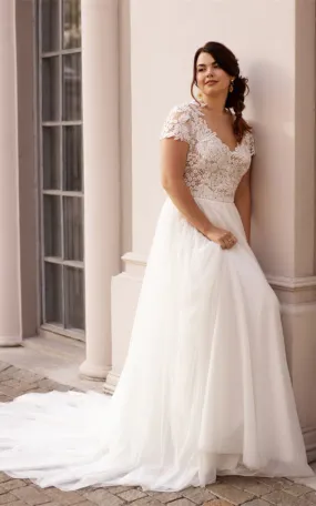 Casual A Line Bateau Lace Court Train Wedding Dress with Ruching-716096