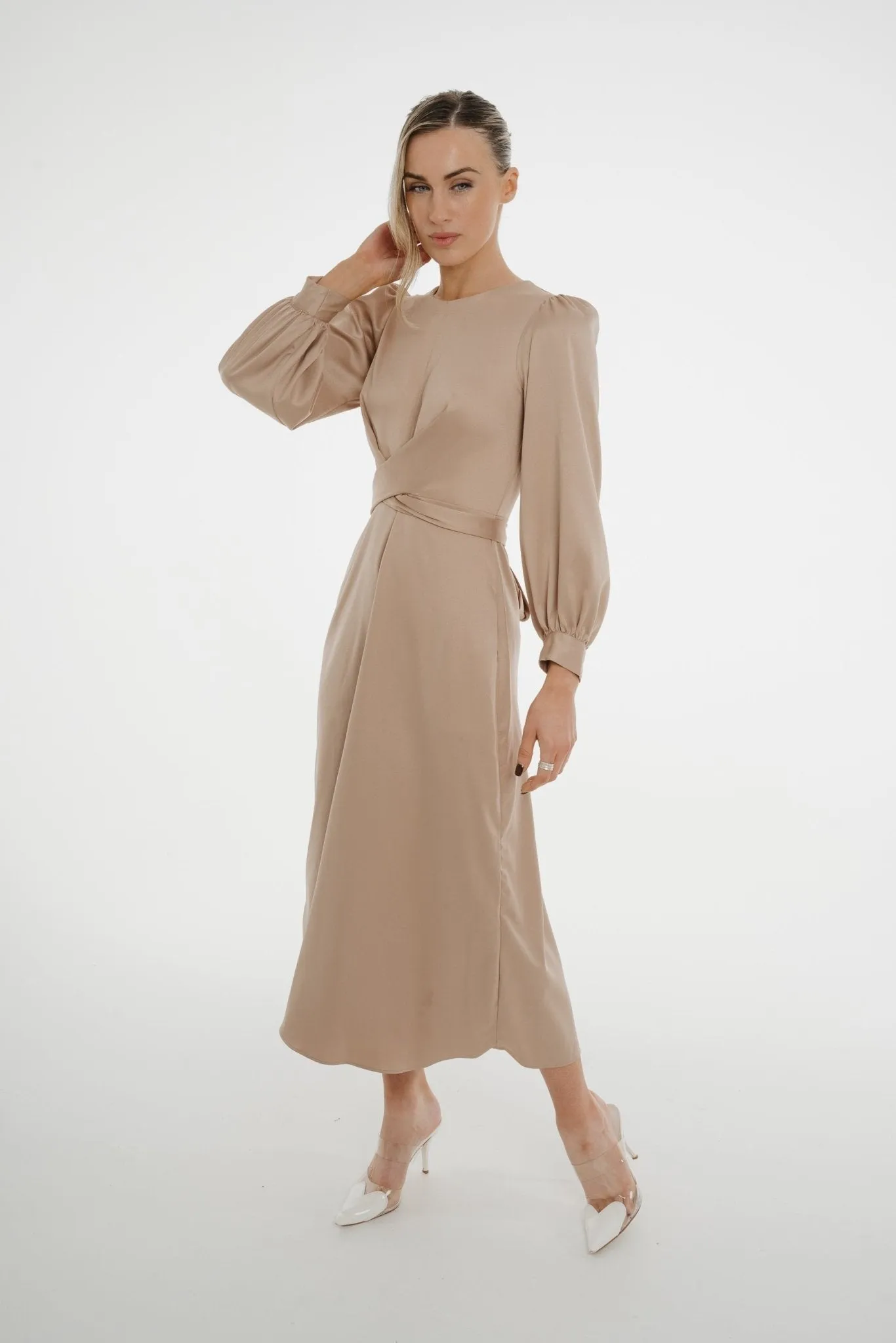 Celine A-Line Satin Mix Dress In Mocha