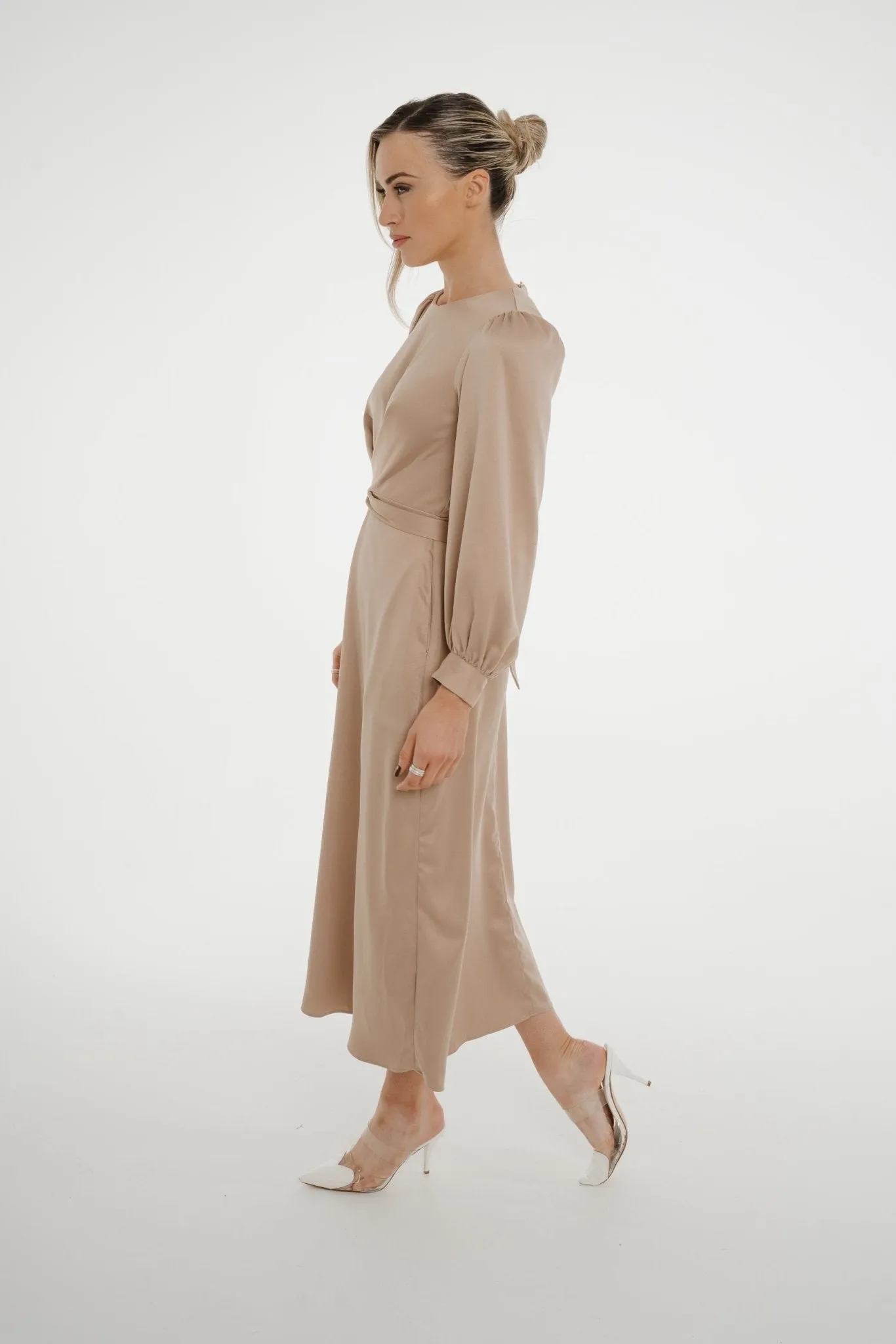 Celine A-Line Satin Mix Dress In Mocha