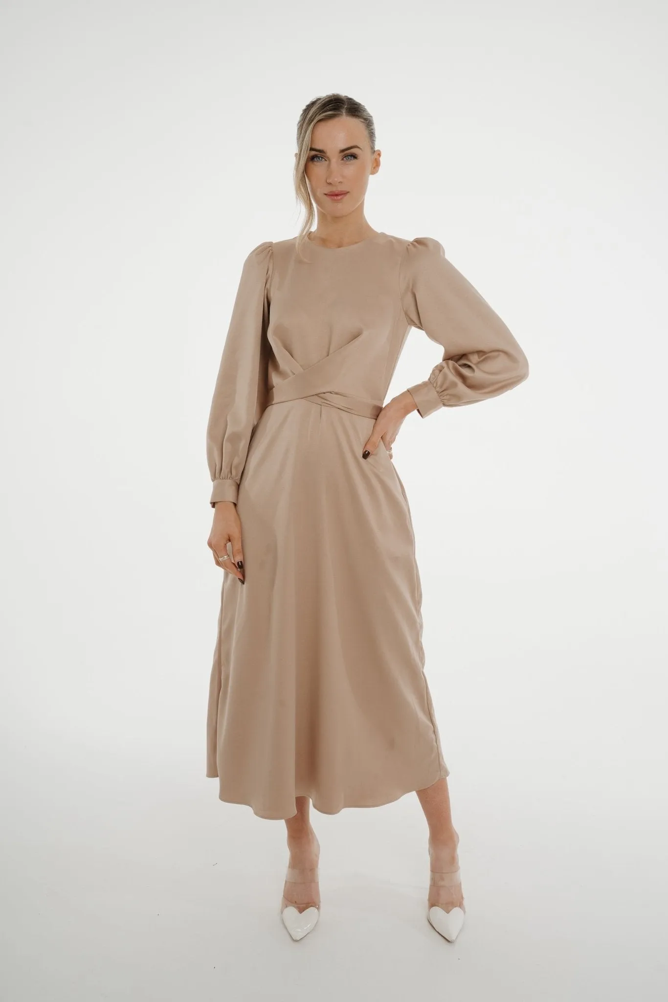 Celine A-Line Satin Mix Dress In Mocha