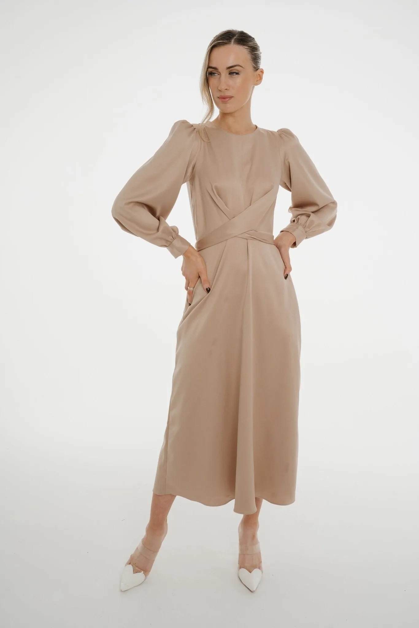 Celine A-Line Satin Mix Dress In Mocha