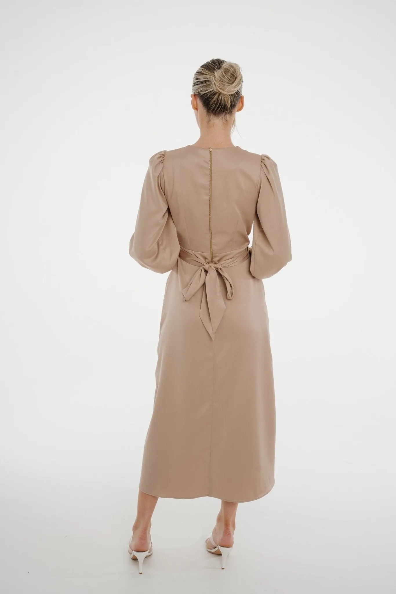 Celine A-Line Satin Mix Dress In Mocha