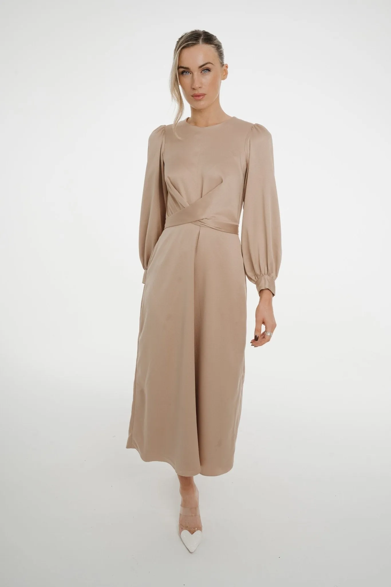 Celine A-Line Satin Mix Dress In Mocha