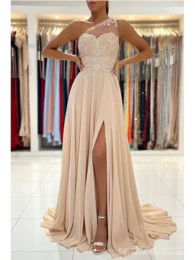 Champagne A-line One Shoulder High Slit Long Prom Dresses Online,12838